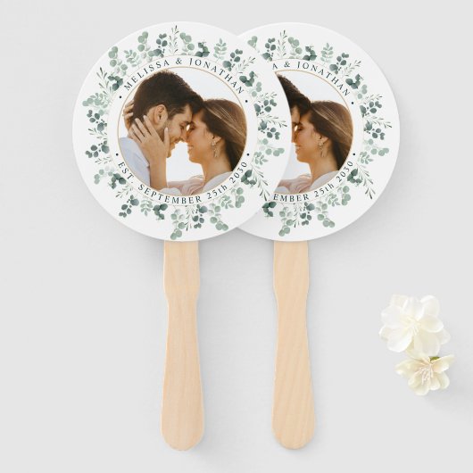 Modernes Foto Eukalyptus Personalisiert Wedding Fächer (Vorne und Hinten)