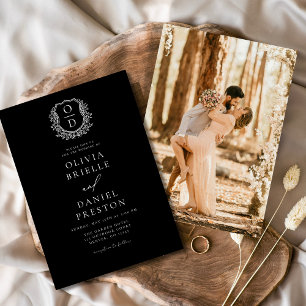 Modernes Foto Floral Wappen Monogramm Hochzeitsfei Einladung