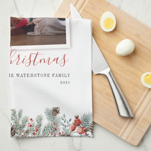 Modernes Foto frohe Weihnachten Rustikal Geschirrtuch (Viertel Falte)