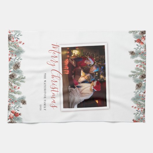 Modernes Foto frohe Weihnachten Rustikal Geschirrtuch (Horizontal)