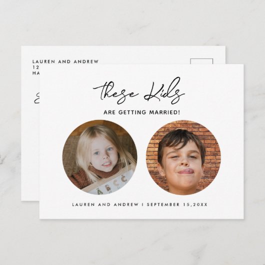 Modernes Foto Funny Kids Save the Date Hochzeit Ankündigungspostkarte (Vorne/Hinten)