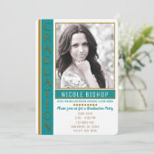 Modernes Foto für die Aquamarine Goldene Graduate Einladung (Stehend Vorderseite)