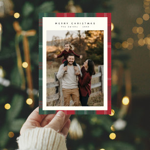 Modernes Foto für Familien Karierte Weihnachtskart Feiertagskarte