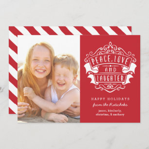 Modernes Foto für Frieden, Liebe und Lachen   Rot Feiertagskarte