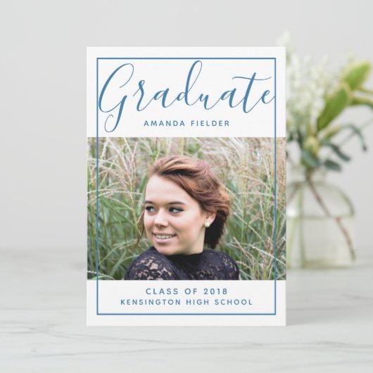 Modernes Foto für Gerahmten Abschluss | Blau Einladung (Stehend Vorderseite)