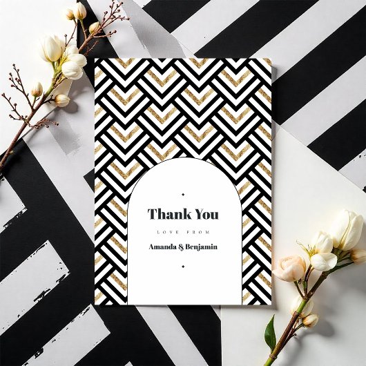 Modernes Foto für Schwarz und Gold Geometric Weddi Dankeskarte