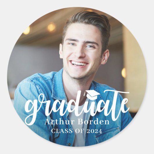 Modernes Foto für White Script-Abschluss Runder Aufkleber (Vorderseite)