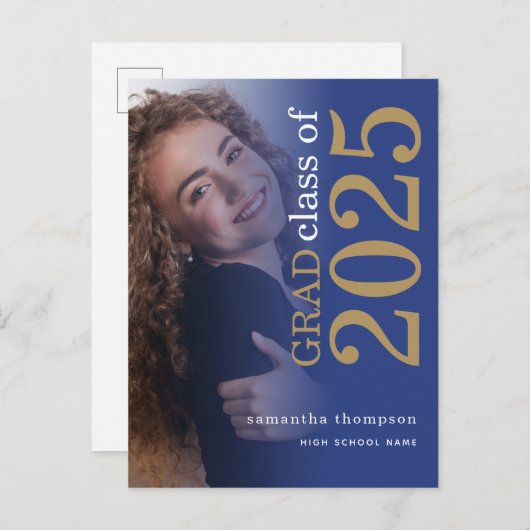 Modernes Foto Gold Blue 2025 Abschluss Ankündigungspostkarte (Vorne/Hinten)