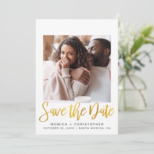 Modernes Foto-Gold-Script Save The Date (Stehend Vorderseite)