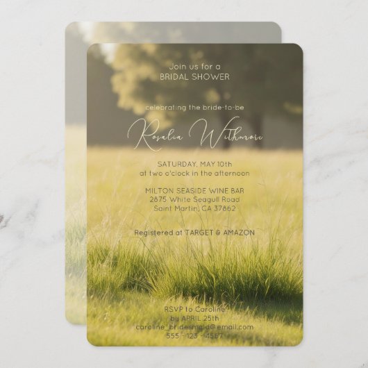 modernes Foto-Grünwiese-Brautparty Einladung (Vorne/Hinten)