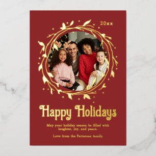 Modernes Foto Happy Holidays Script Wreath Folien Feiertagskarte
