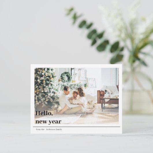 Modernes Foto | Hello New Year Postcard Postkarte (Stehend Vorderseite)