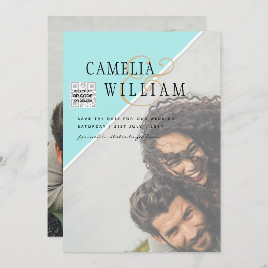 Modernes FOTO Hochzeit Einladung QR CODE UAWG AQUA (Vorne/Hinten)