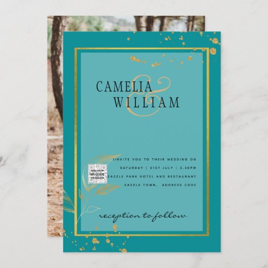 Modernes FOTO Hochzeit Einladung QR CODE UAWG AQUA (Vorne/Hinten)