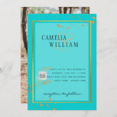 Modernes FOTO Hochzeit Einladung QR CODE UAWG AQUA (Vorne/Hinten)
