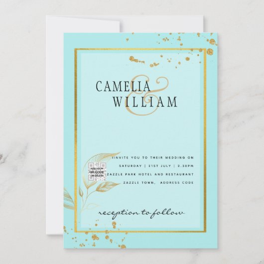 Modernes FOTO Hochzeit Einladung QR CODE UAWG AQUA (Vorderseite)