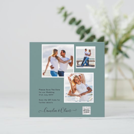 Modernes FOTO Hochzeit Einladung QR CODE UAwg Gree (Stehend Vorderseite)
