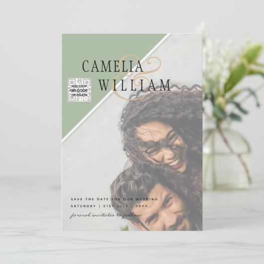 Modernes FOTO Hochzeit Einladung QR CODE UAwg Gree (Stehend Vorderseite)