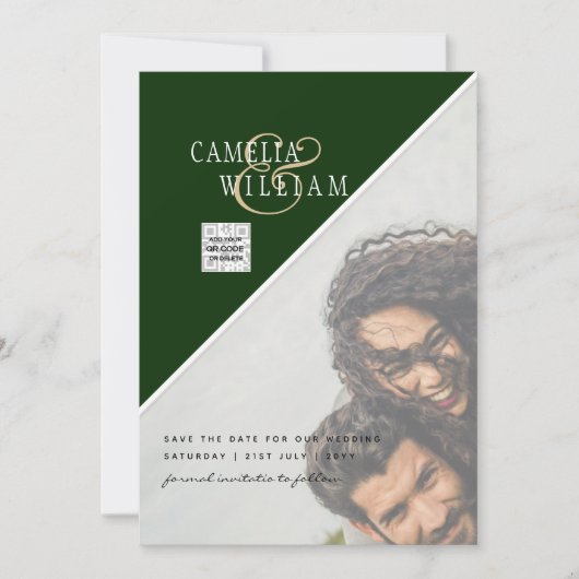 Modernes FOTO Hochzeit Einladung QR CODE UAwg Gree (Vorderseite)