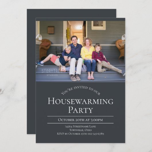 Modernes Foto Holzkohle Grau Housewarming Einladun Einladung (Vorne/Hinten)