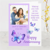 Modernes Foto Lila Blauer Schmetterling Jahrestag Karte (Gelbe Blume)