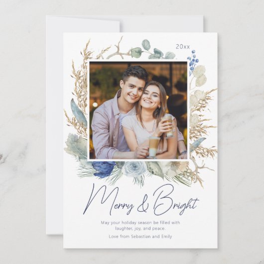 Modernes Foto Merry & Bright Script Boho Floral (Vorderseite)