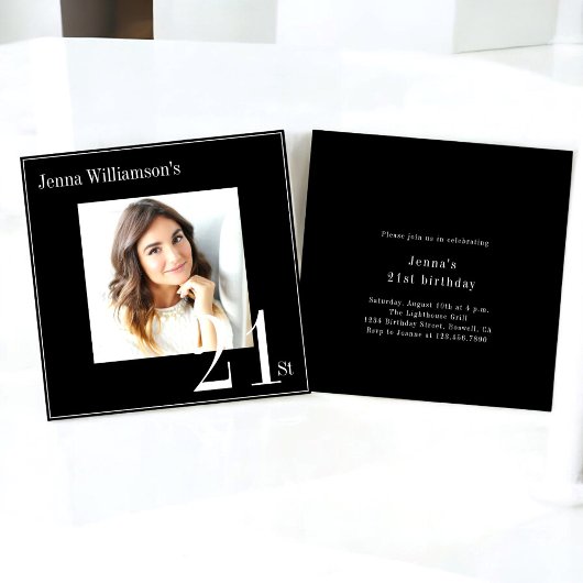 Modernes Foto minimale Schwarz/Weiß 21. Geburtstag Einladung