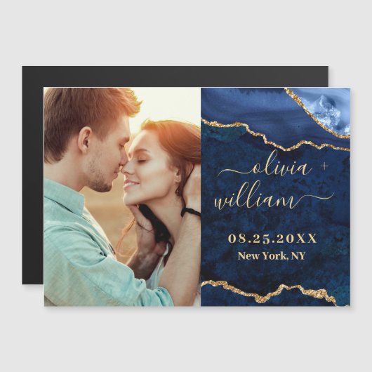 Modernes FOTO mit blauem Marmor Magneteinladung (Vorne/Hinten)