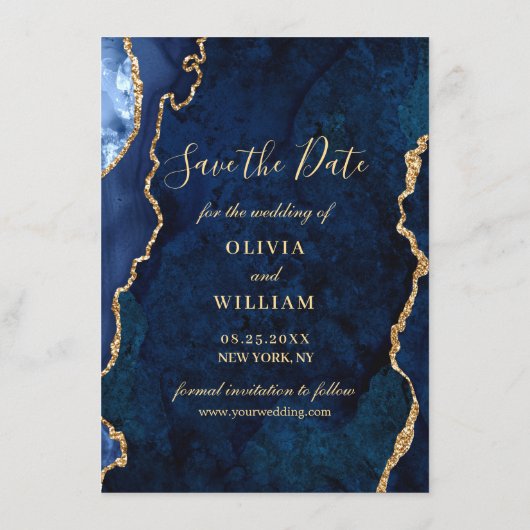 Modernes FOTO mit blauem Marmor Save The Date (Rückseite)