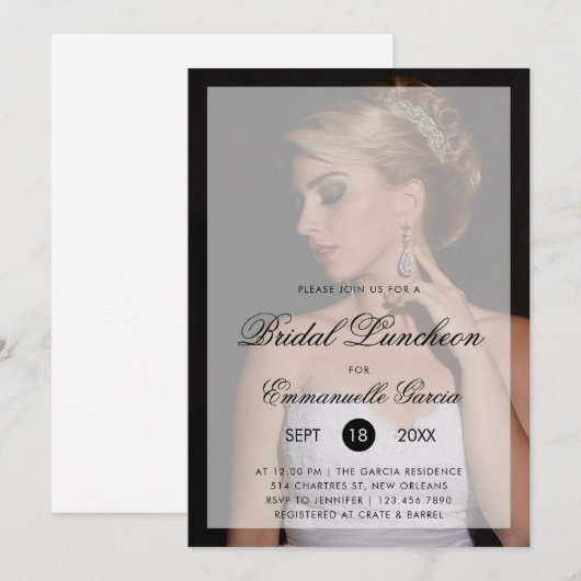 Modernes Foto mit Chic Script Bridal Luncheon Einladung (Vorne/Hinten)