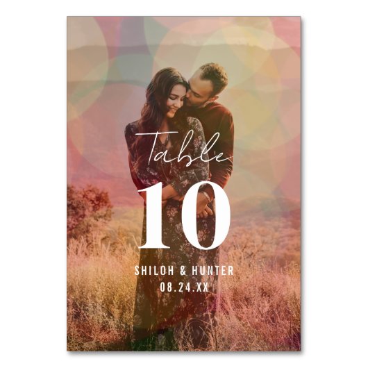 Modernes Foto mit farbenfrohen Bokeh Overlay Tischnummer (Rückseite)