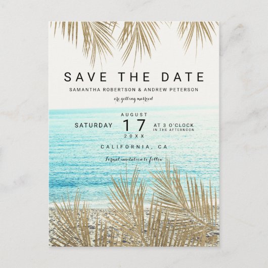 Modernes Foto mit Goldpalmen Save the Date Ankündigungspostkarte (Vorderseite)