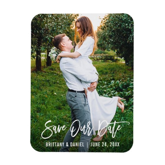 Modernes Foto mit Pinselschrift Rette unser Datum Magnet (Vertikal)