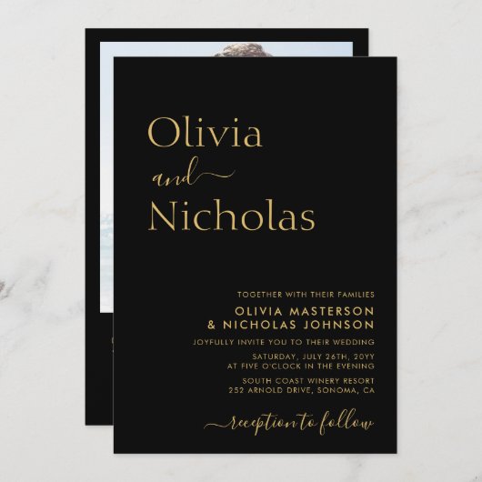 Modernes Foto mit QR-Code für Schwarz und Gold Scr Einladung (Vorne/Hinten)