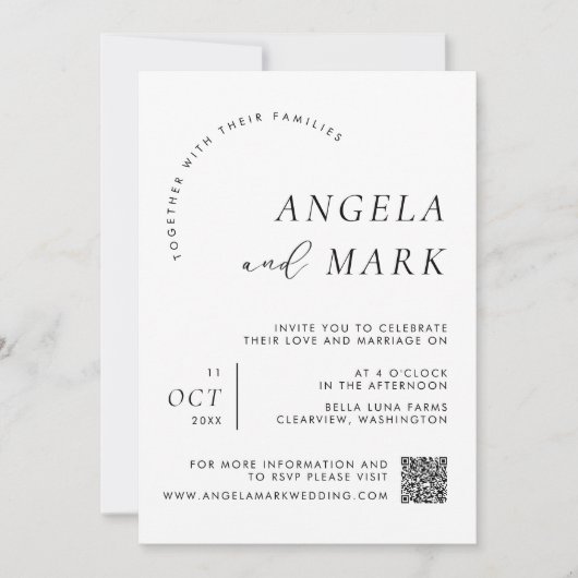 Modernes Foto mit QR Code Schwarz & Weiß Hochzeit Einladung (Vorderseite)