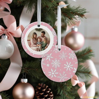 Modernes Foto mit rosa und weißen Schneeflocken Keramik Ornament