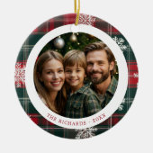 Modernes Foto mit roten und grünen Schneeflocken Keramik Ornament (Vorne)