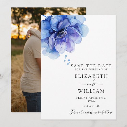 Modernes Foto mit Wasserfarbe, blaue Flora Hochzei Save The Date (Vorne/Hinten)