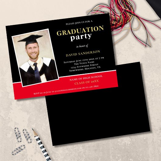 Modernes Foto Name Gold Black Red Grad Party Einladung
