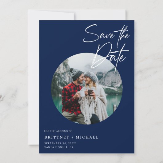 Modernes Foto Navy Blue Save The Date (Vorderseite)