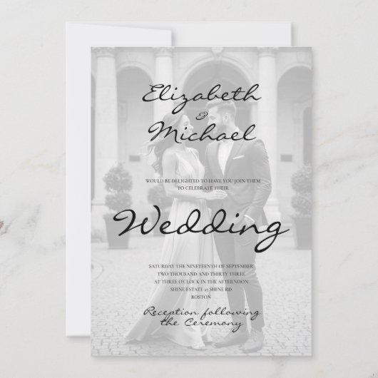 Modernes Foto Overlay Elegante Schwarz-weiße Hochz Einladung (Rückseite)