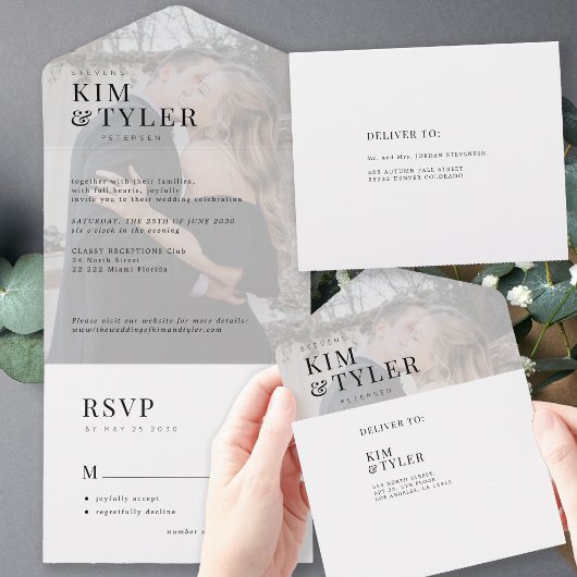 Modernes Foto-Overlay-Hochzeit RSVP All In One Einladung