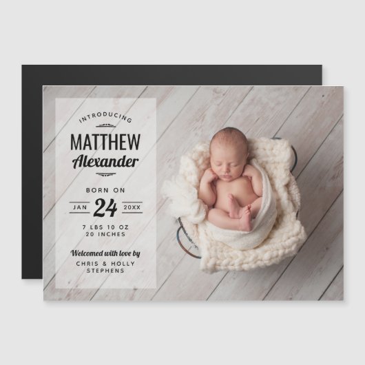 Modernes Foto Overlay Magnetic Birth Ankündigung (Vorne/Hinten)