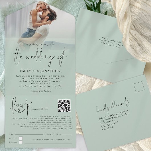 Modernes Foto-Overlay QR-Code-Sage-Skript Hochzeit All In One Einladung