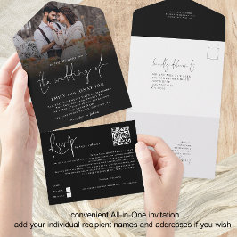Modernes Foto-Overlay QR-Code-Skript Hochzeit Schw All In One Einladung