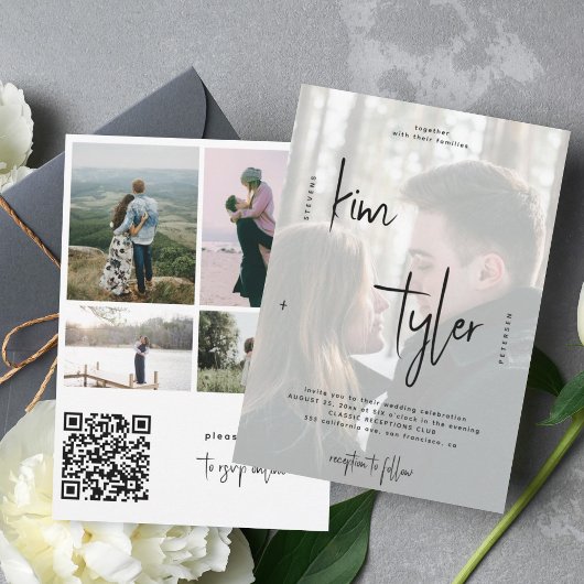 Modernes Foto-Overlay QR CODE-Skriptnamen Hochzeit Einladung