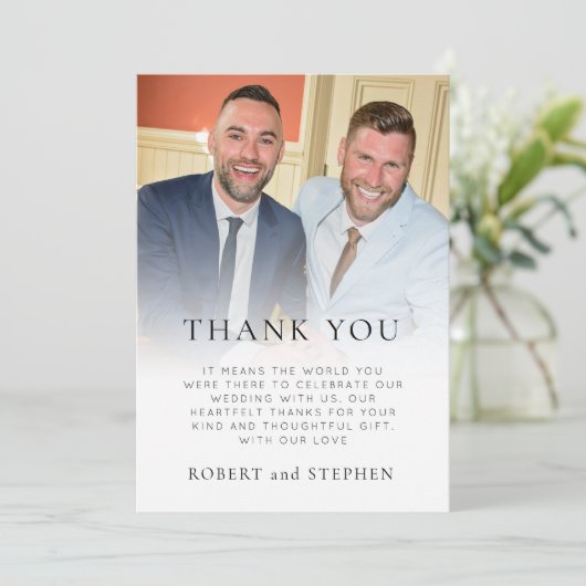 Modernes Foto Overlay QR Gay Wedding Vielen Dank Karte (Stehend Vorderseite)
