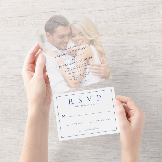Modernes Foto Overlay Wedding RSVP Blue All In One Einladung (Abreißen)