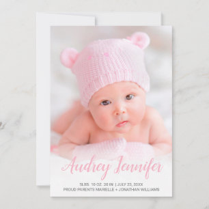 Modernes Foto Pink Script Hearts Baby Girl Birth Ankündigung