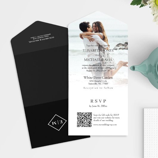 Modernes Foto QR Code Black Wedding All In One Einladung